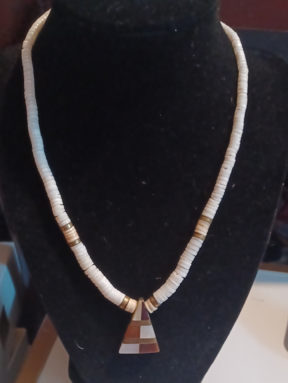 Unique Vintage Puka White Shell Bead Necklace w Gold Accent & Geometric Pendant